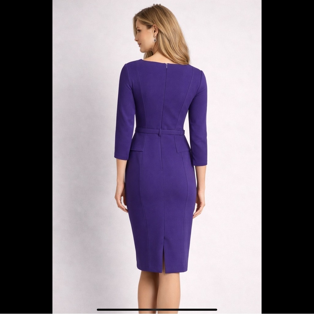 David Meister Purple Sheath Dress Size 10 Belted Square Neck Career Cocktail - Picture 4 of 16